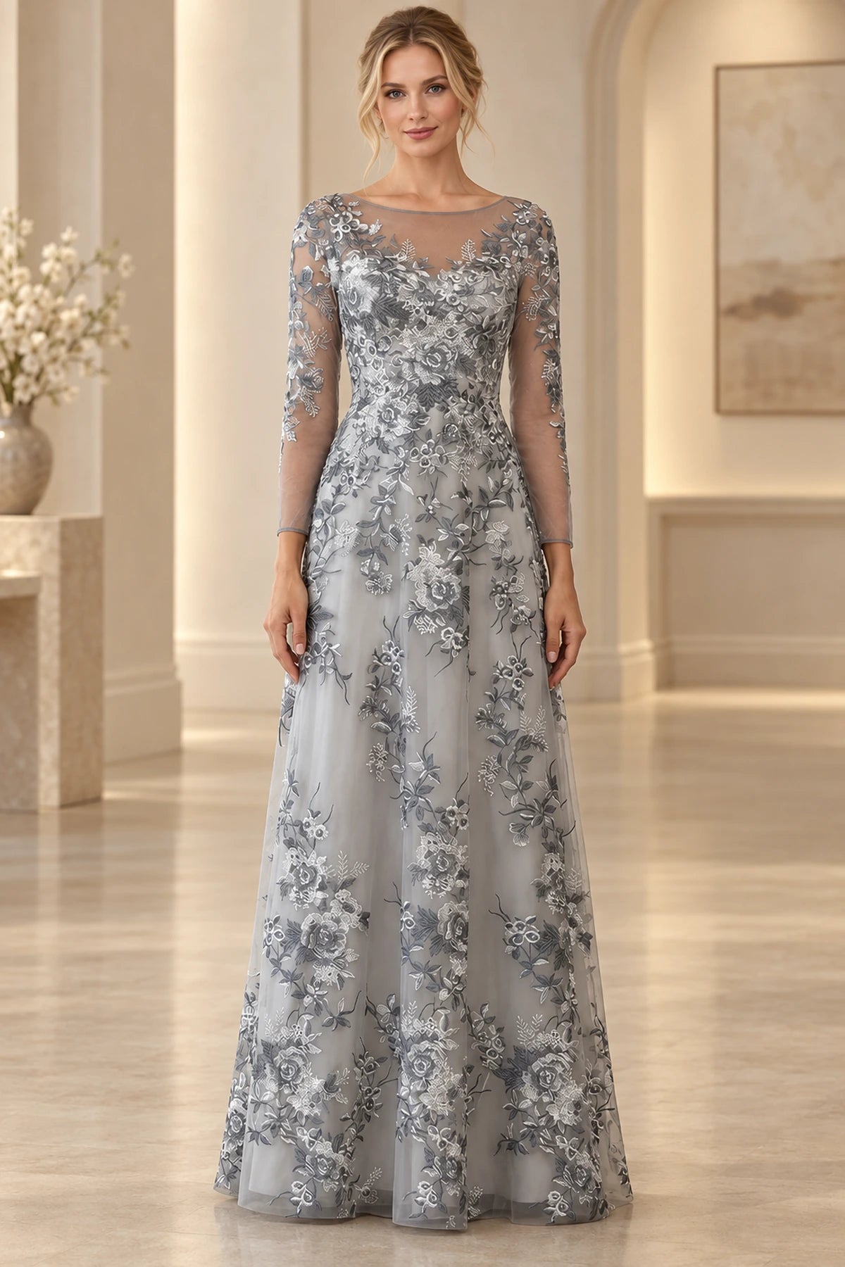 Silver gray mother of the bride dress with boat neckline long lace sleeves and floral embroidery