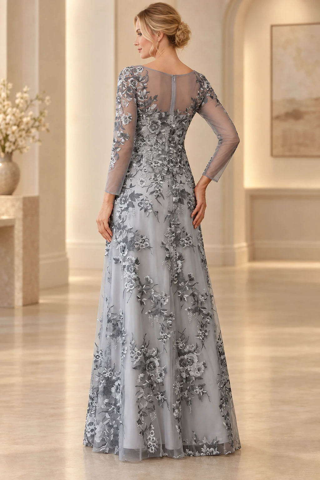 Silver gray floral lace mother of the bride dress with elegant A line silhouette back view