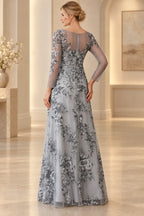 Silver gray floral lace mother of the bride dress with elegant A line silhouette back view