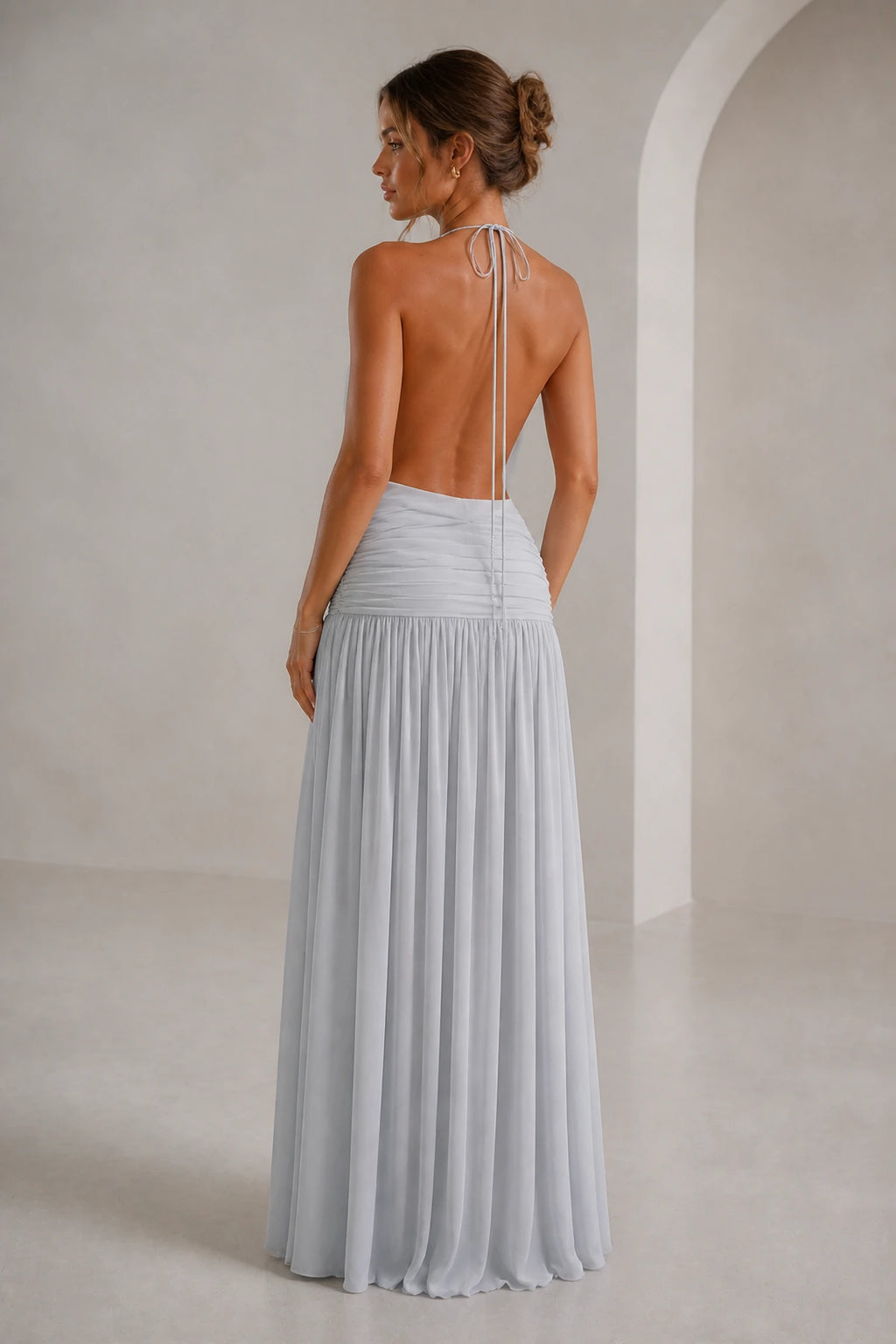 GraceProm silver gray bridesmaid dress with open back halter tie ruched waist and flowing floor length skirt
