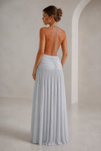 GraceProm silver gray bridesmaid dress with open back halter tie ruched waist and flowing floor length skirt