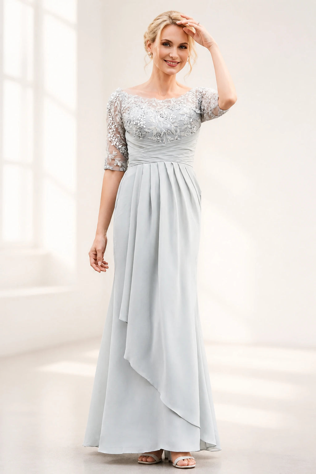 Silver gray mother of the bride dress with floral lace bodice, sheer half sleeves, ruched waist and layered floor-length skirt, front and back view