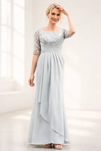 Silver gray mother of the bride dress with floral lace bodice, sheer half sleeves, ruched waist and layered floor-length skirt, front and back view