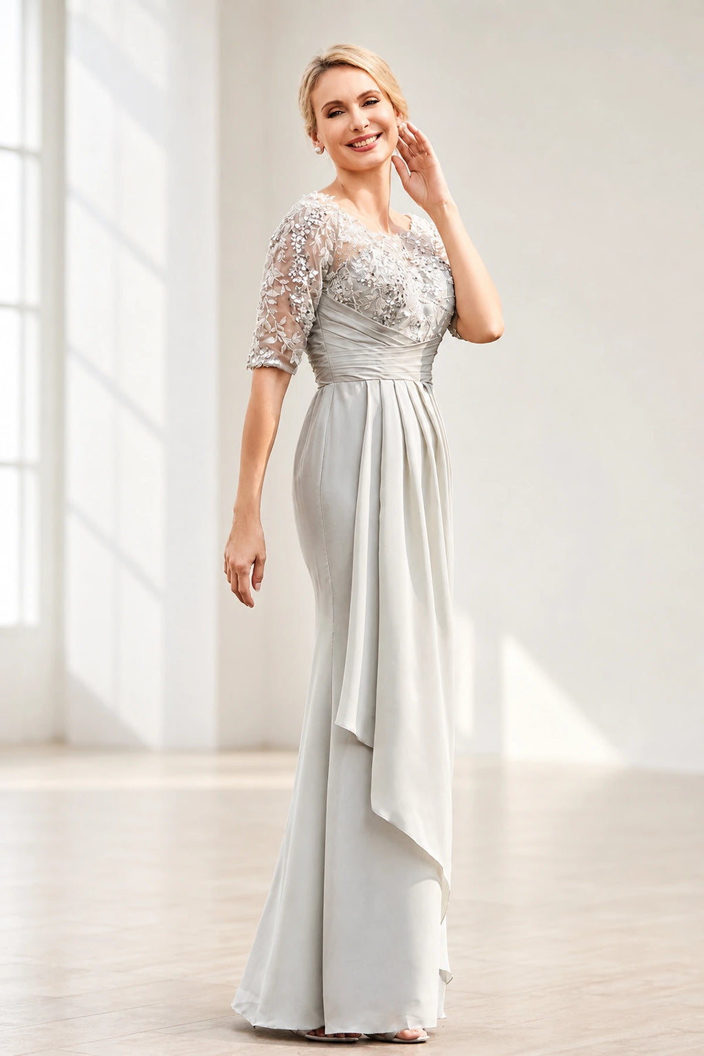 Refined A Line Illusion Neckline Half Sleeve Zipper Back Mother of the Bride Dress