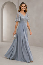 Graceful A-Line V-Neck Short-Sleeve Illusion-Back Floor-Length Mother of the Bride Dress