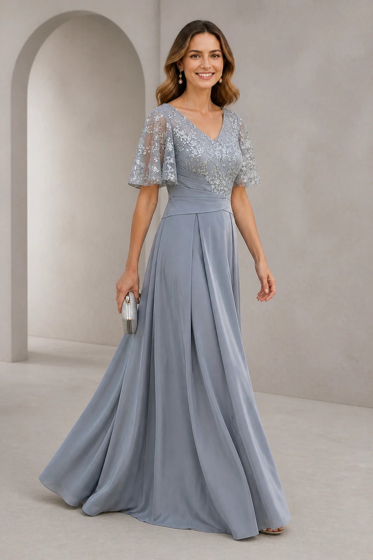 Graceful A-Line V-Neck Short-Sleeve Illusion-Back Floor-Length Mother of the Bride Dress