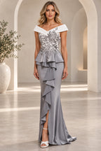 Silver gray mermaid Mother of the Bride Dress with off-the-shoulder neckline, embellished bodice and cascading ruffle