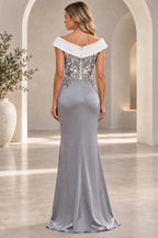 Back view of silver gray Mother of the Bride Dress with off-the-shoulder neckline, embellished bodice and fitted floor-length skirt