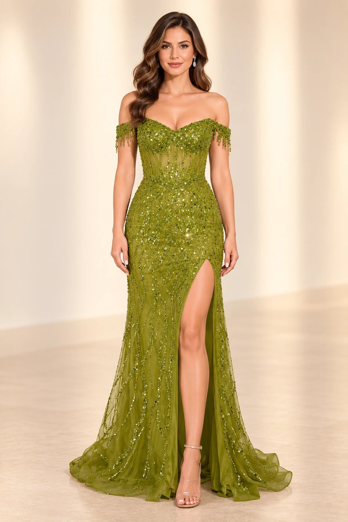 Radiant Mermaid Sweetheart Off Shoulder Open Back Floor Length Prom Dress