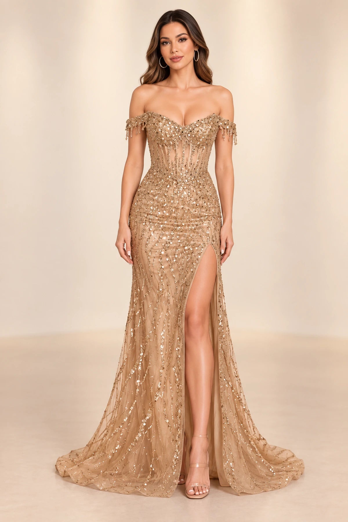 Radiant Mermaid Sweetheart Off Shoulder Open Back Floor Length Prom Dress