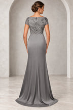 Silver gray Mother of the Bride Dress with sequined short sleeve bodice zip back and smooth floor length sheath skirt