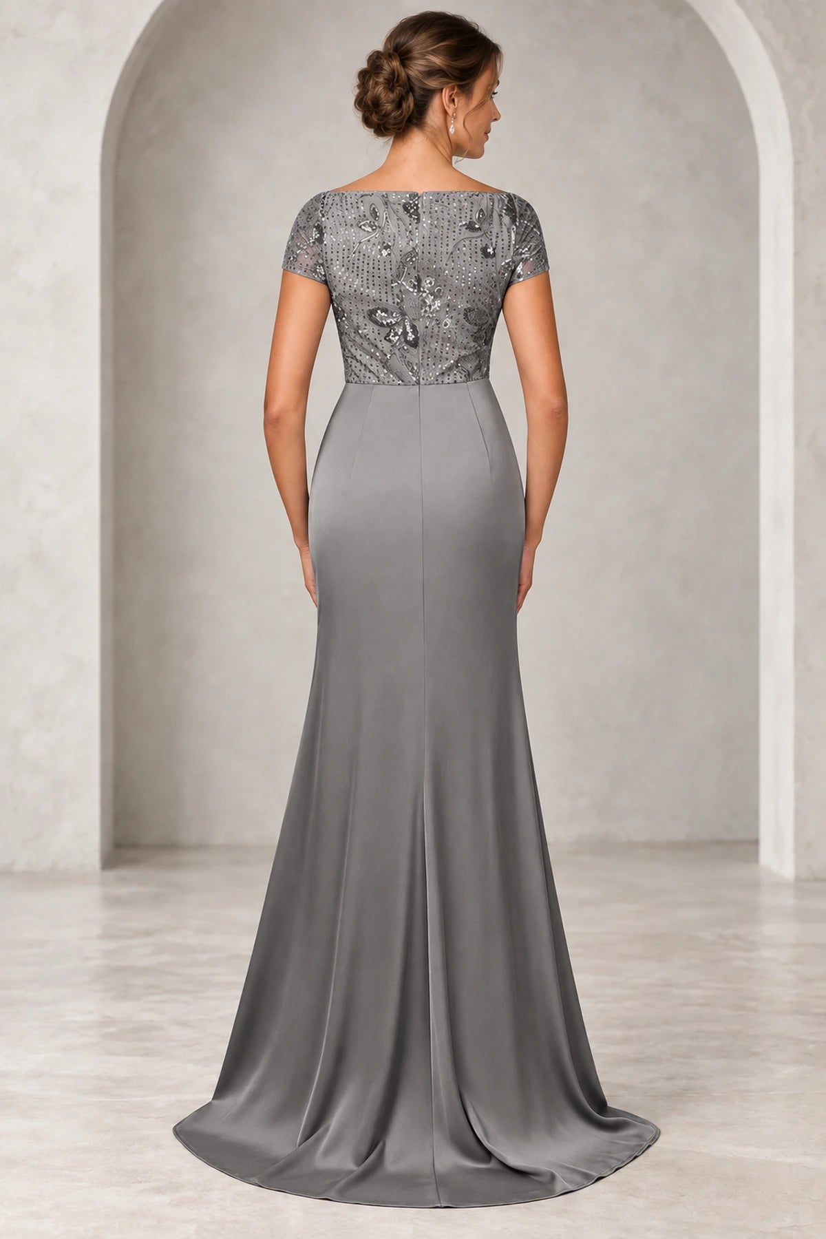 Silver gray Mother of the Bride Dress with sequined short sleeve bodice zip back and smooth floor length sheath skirt