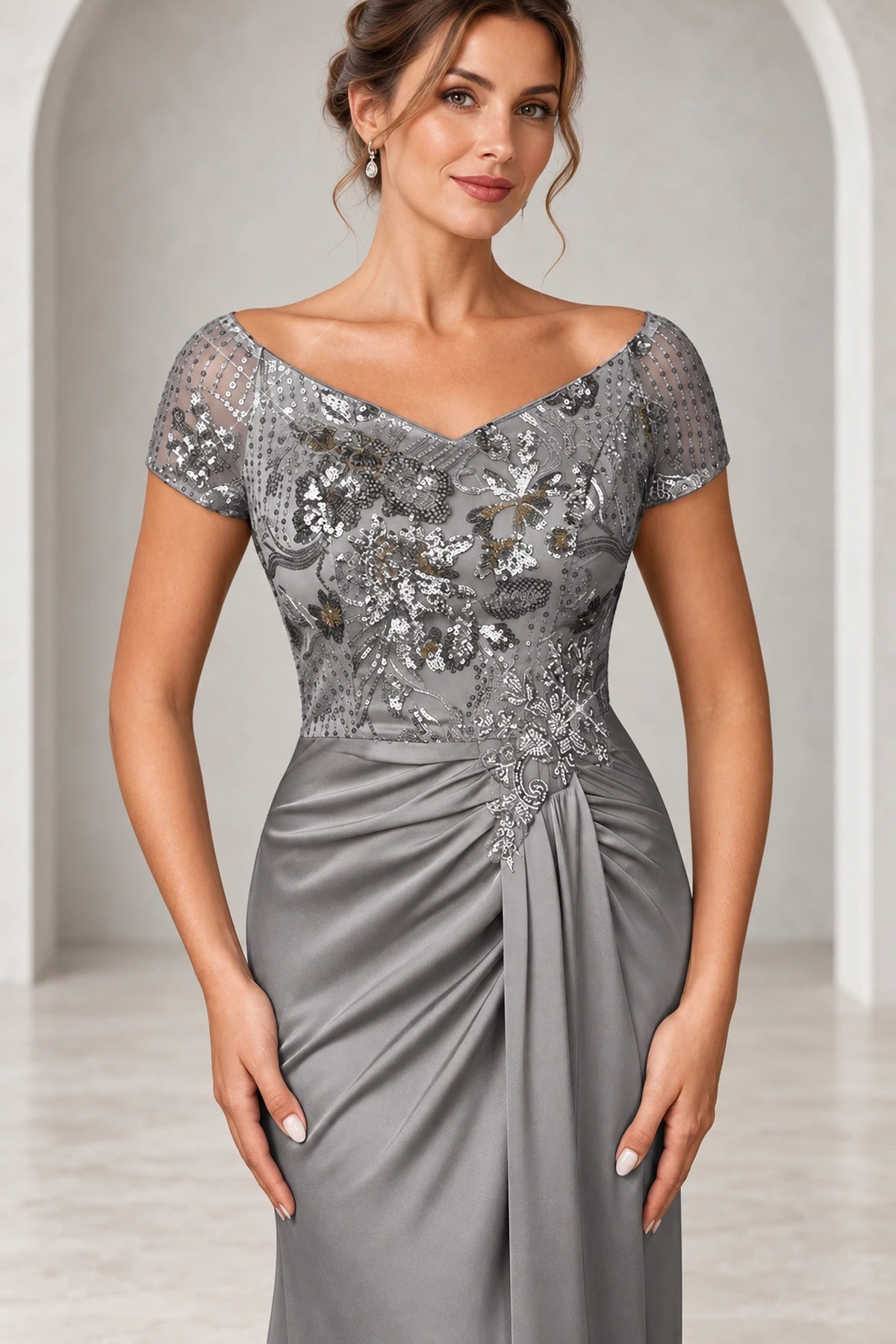 Sophisticated Sheath Sweetheart Neck Short Sleeve Zip Back Mother of the Bride Dress