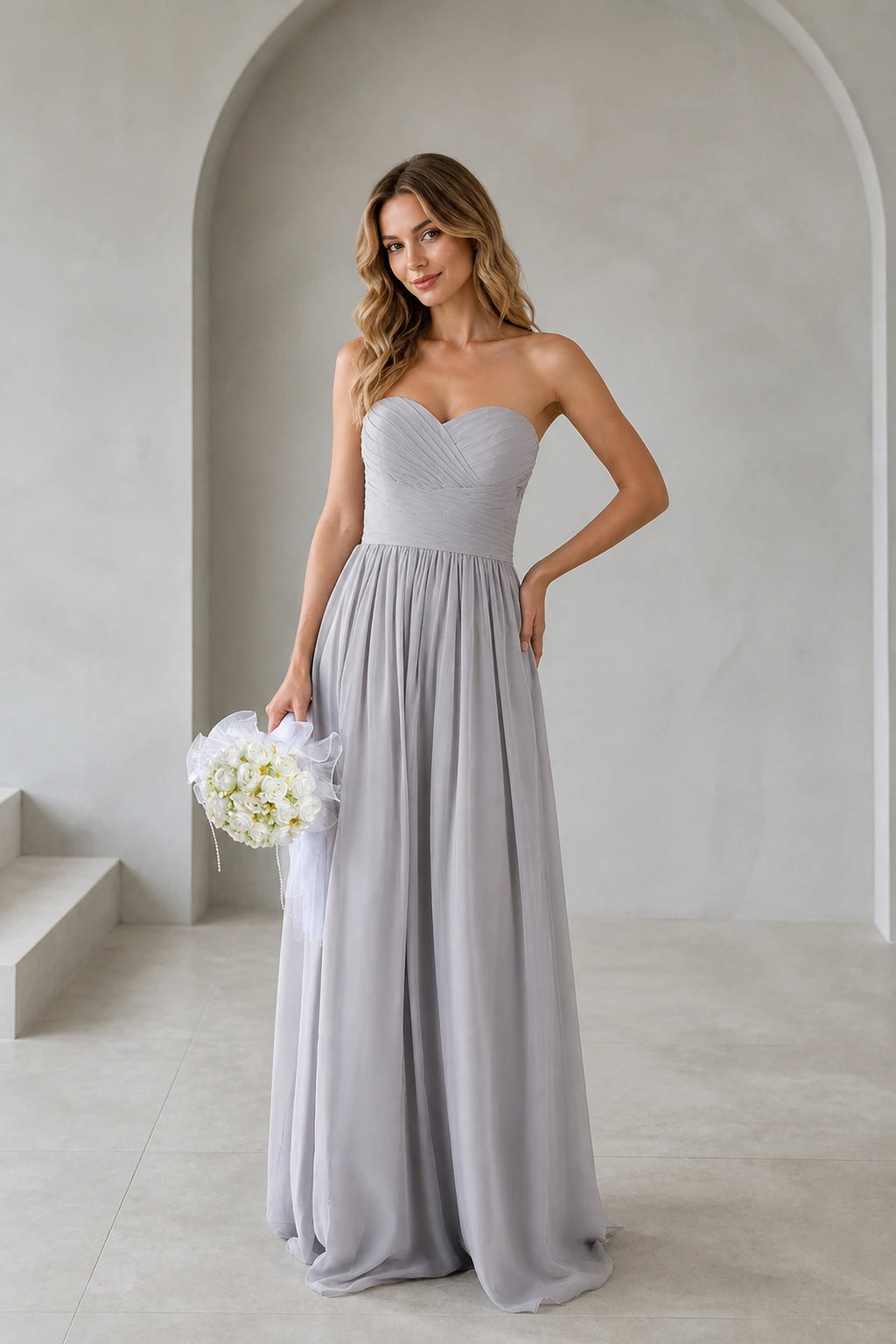 Silver gray A-line sweetheart strapless floor length bridesmaid dress front view