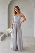 Silver gray A-line sweetheart strapless floor length bridesmaid dress front view