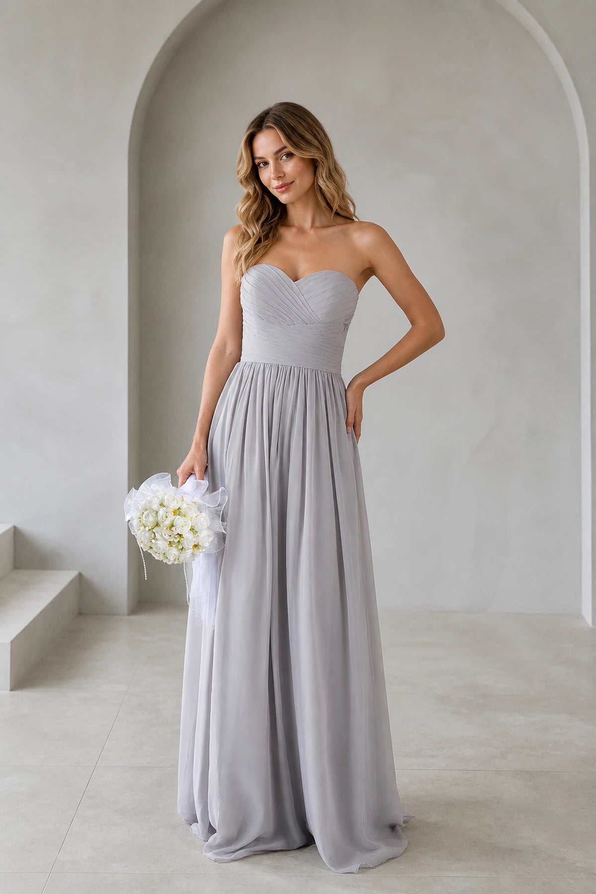 Silver gray A-line sweetheart strapless floor length bridesmaid dress front view