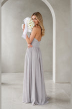 Silver gray strapless low back A-line floor length bridesmaid dress back view