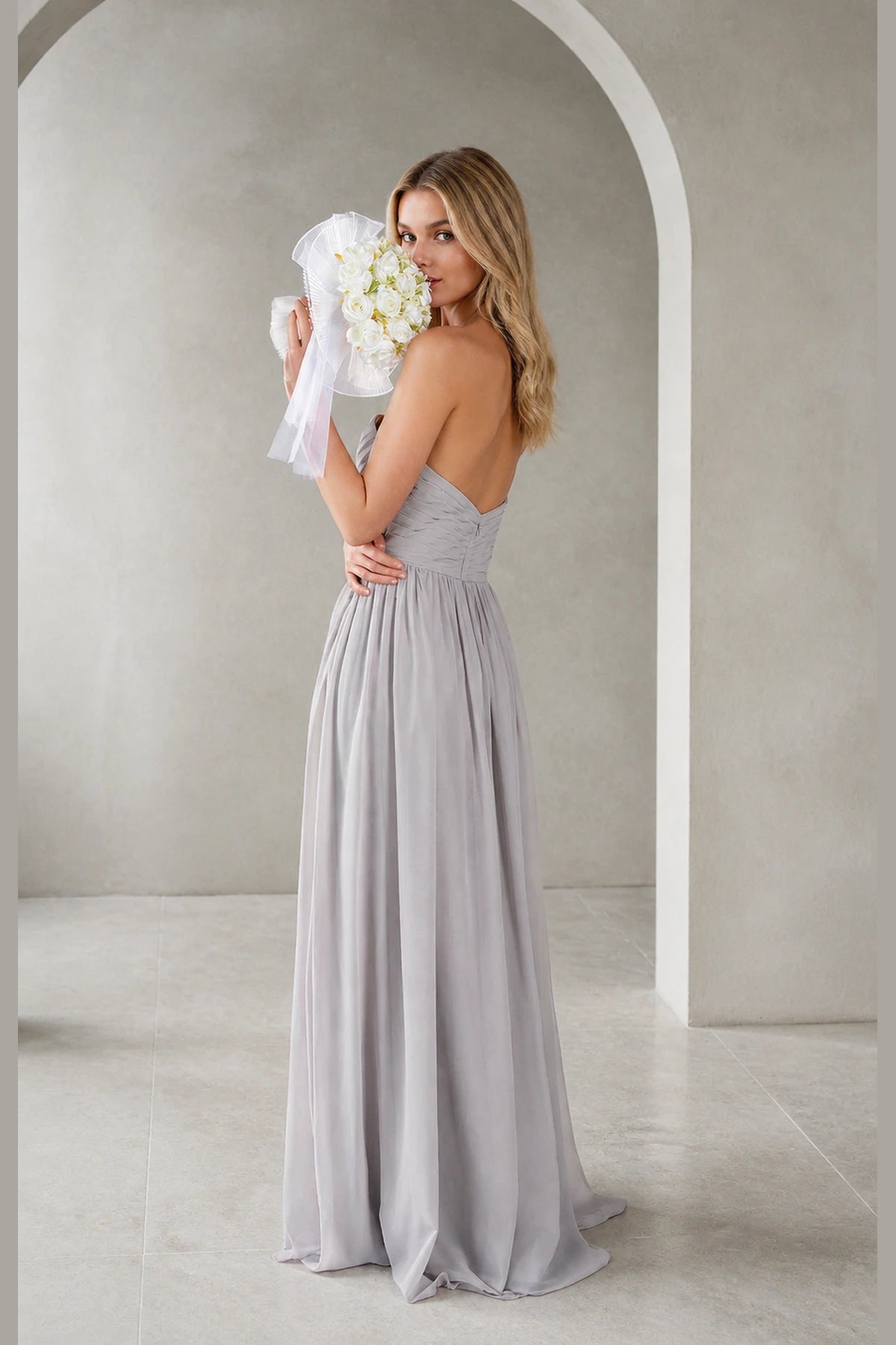 Silver gray strapless low back A-line floor length bridesmaid dress back view