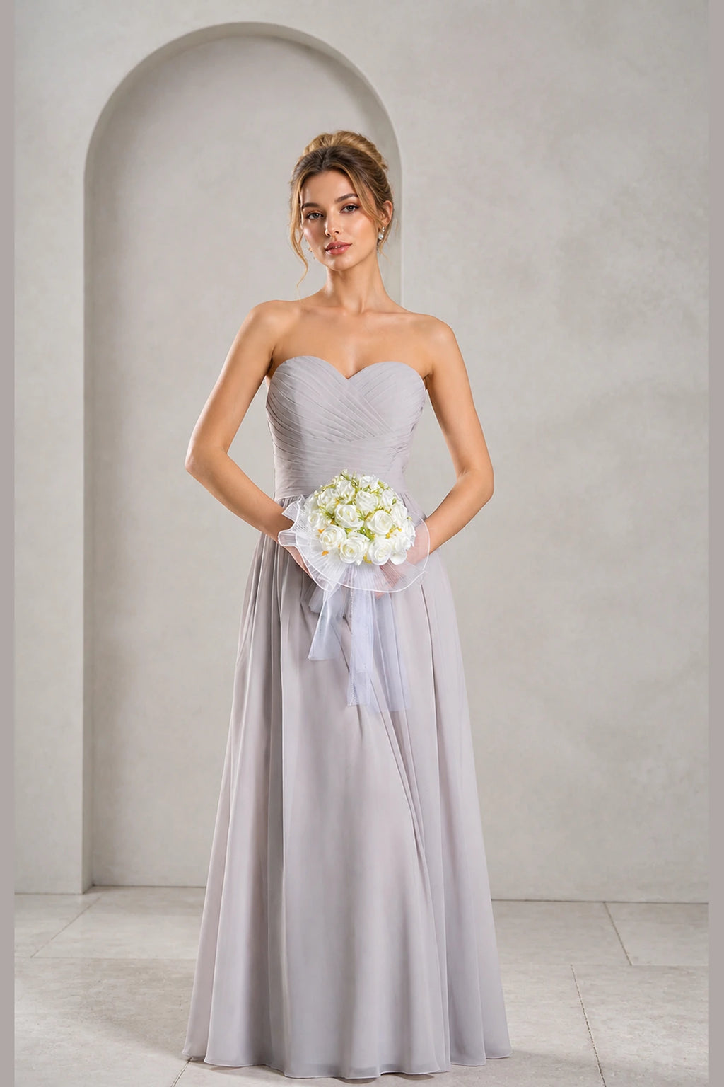 Romantic A-Line Sweetheart Strapless Low Back Floor Length Bridesmaid Dress