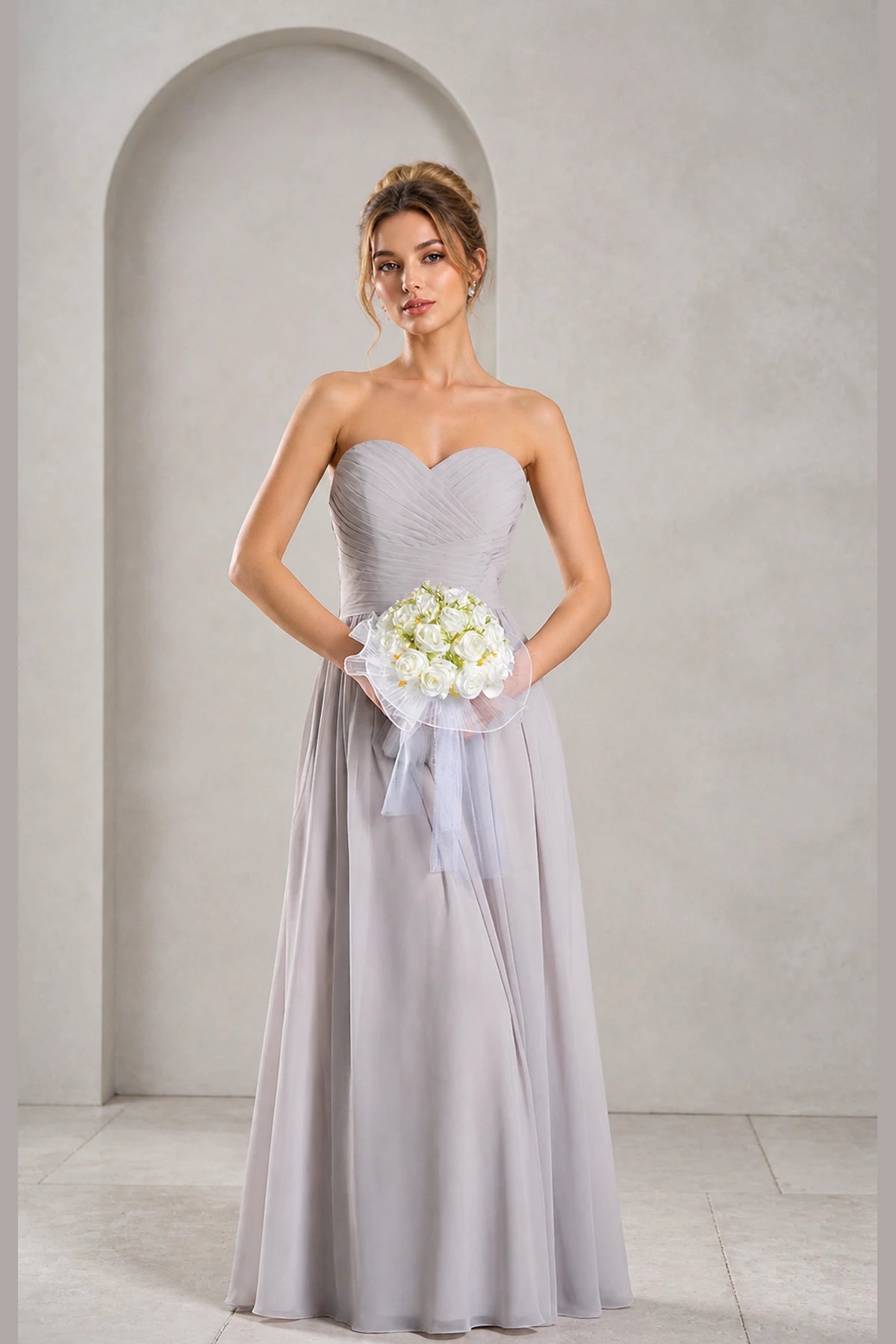 Romantic A-Line Sweetheart Strapless Low Back Floor Length Bridesmaid Dress
