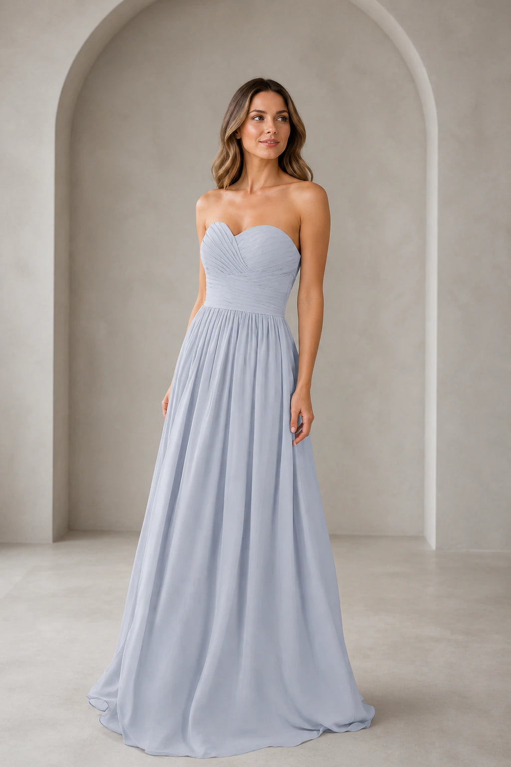 Romantic A-Line Sweetheart Strapless Low Back Floor Length Bridesmaid Dress