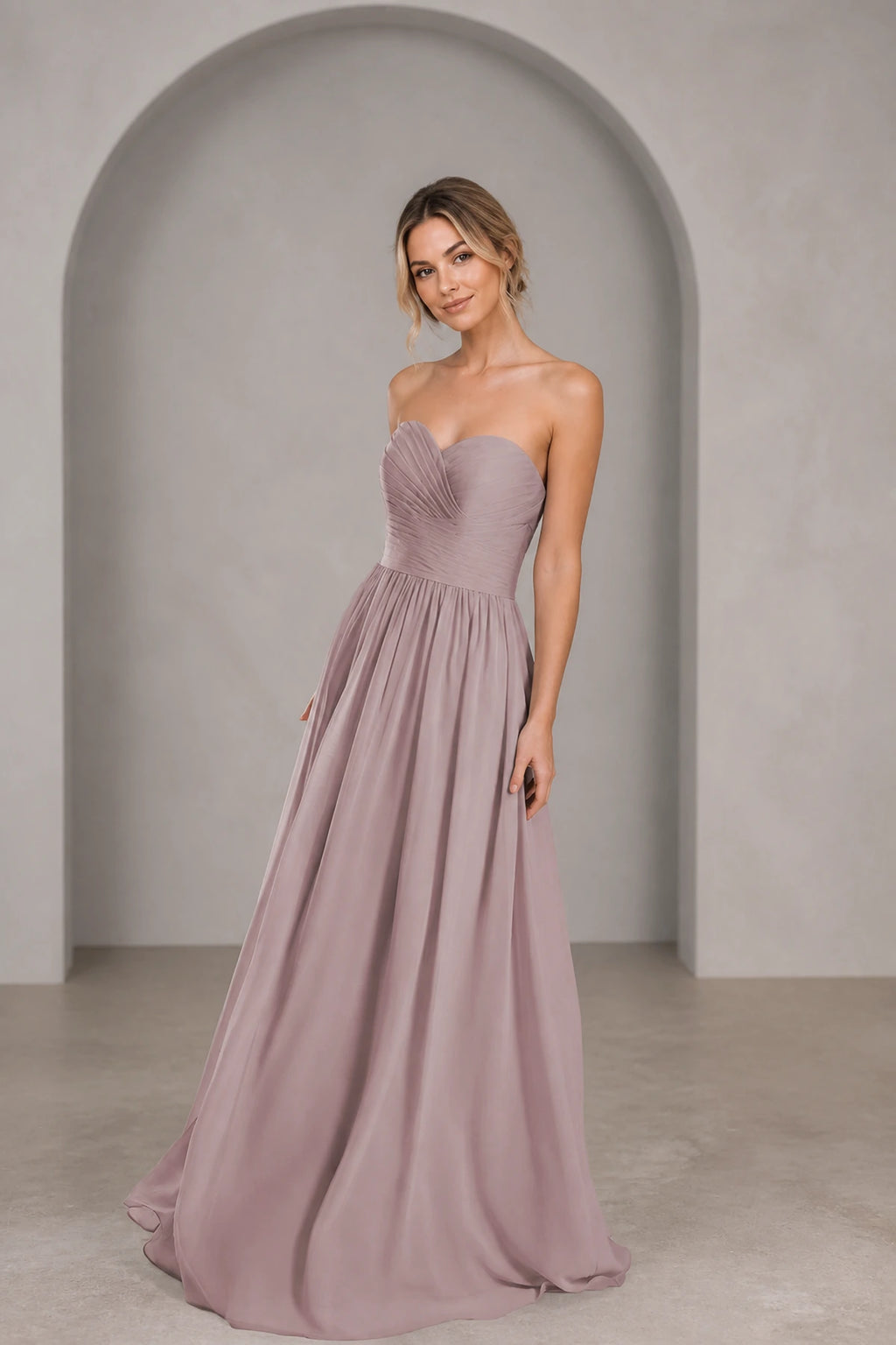 Romantic A-Line Sweetheart Strapless Low Back Floor Length Bridesmaid Dress