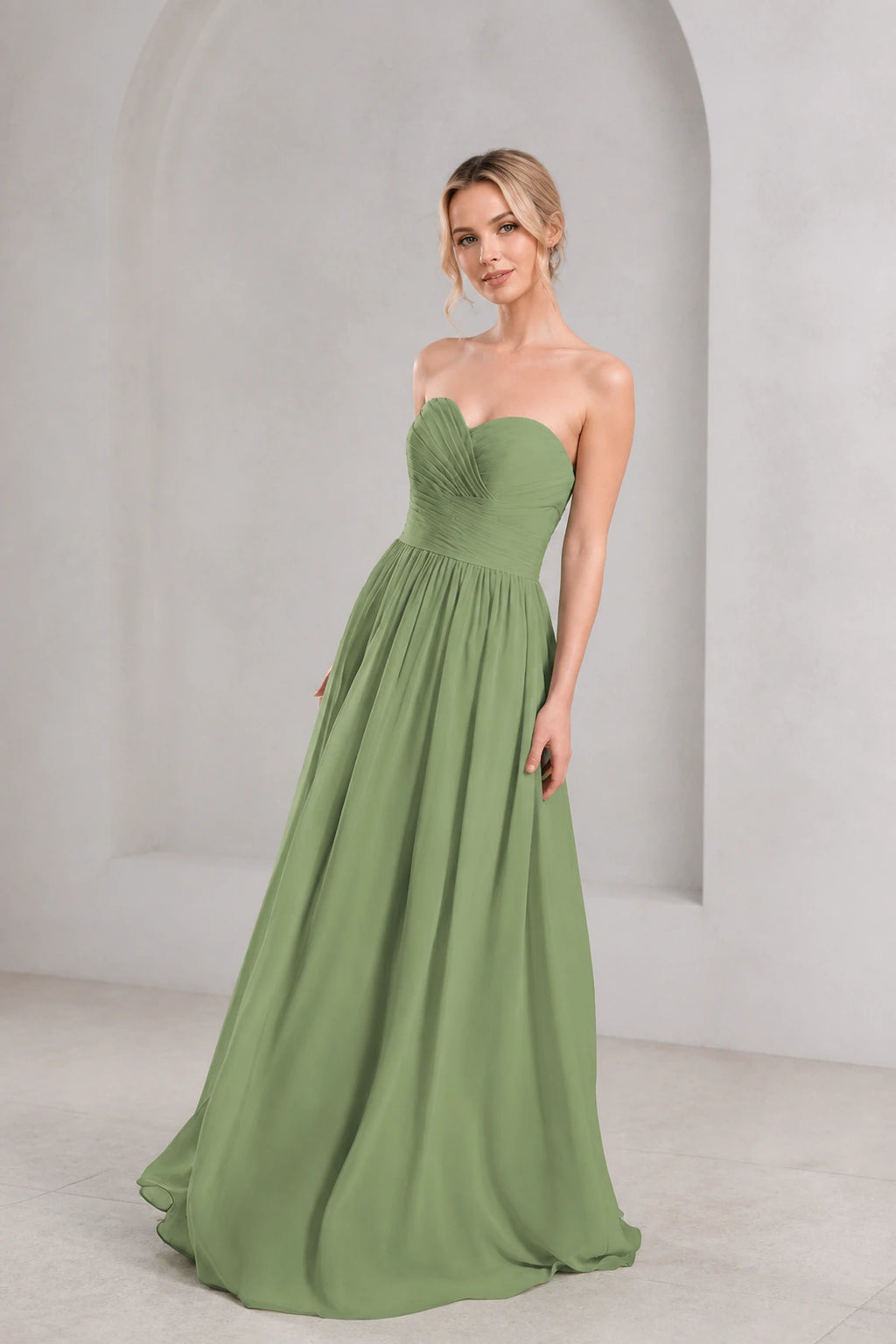 Romantic A-Line Sweetheart Strapless Low Back Floor Length Bridesmaid Dress
