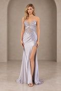 Silver satin mermaid prom dress with sweetheart lace bodice, sleeveless design, side slit and floor length skirt