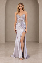 Silver satin mermaid prom dress with sweetheart lace bodice, sleeveless design, side slit and floor length skirt
