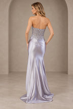 Silver satin prom dress with strapless lace corset back, fitted mermaid silhouette and elegant floor length skirt