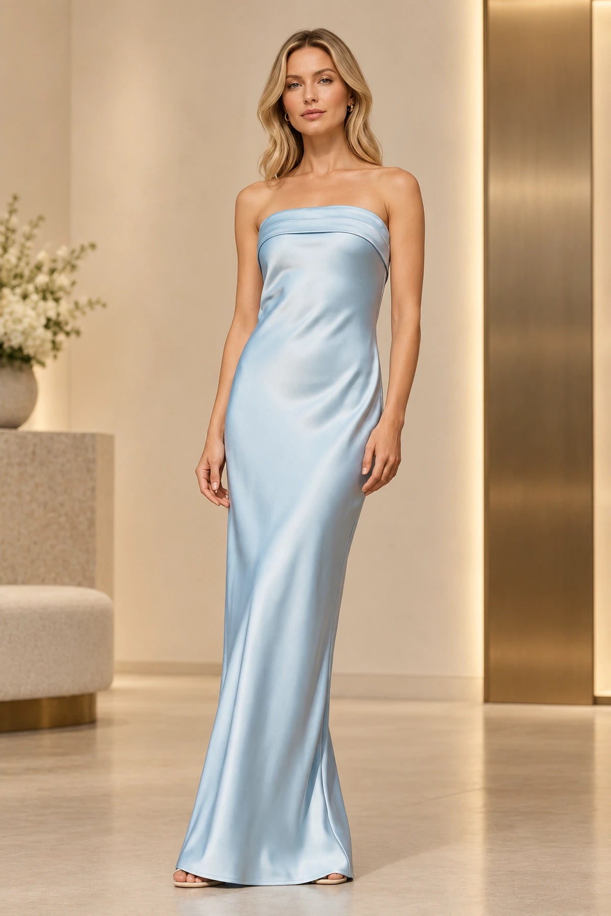 Sky blue strapless satin sheath prom dress with pleated neckline and elegant floor-length fitted skirt by Graceprom.