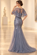 Slate blue Mother of the Bride Dress with V-back lace detail and sweep train
