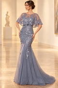 Slate blue mermaid Mother of the Bride Dress with lace appliques and sheer cape sleeves