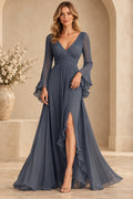 Slate blue mother of the bride dress with V neck long sleeves and cascading ruffle A line skirt