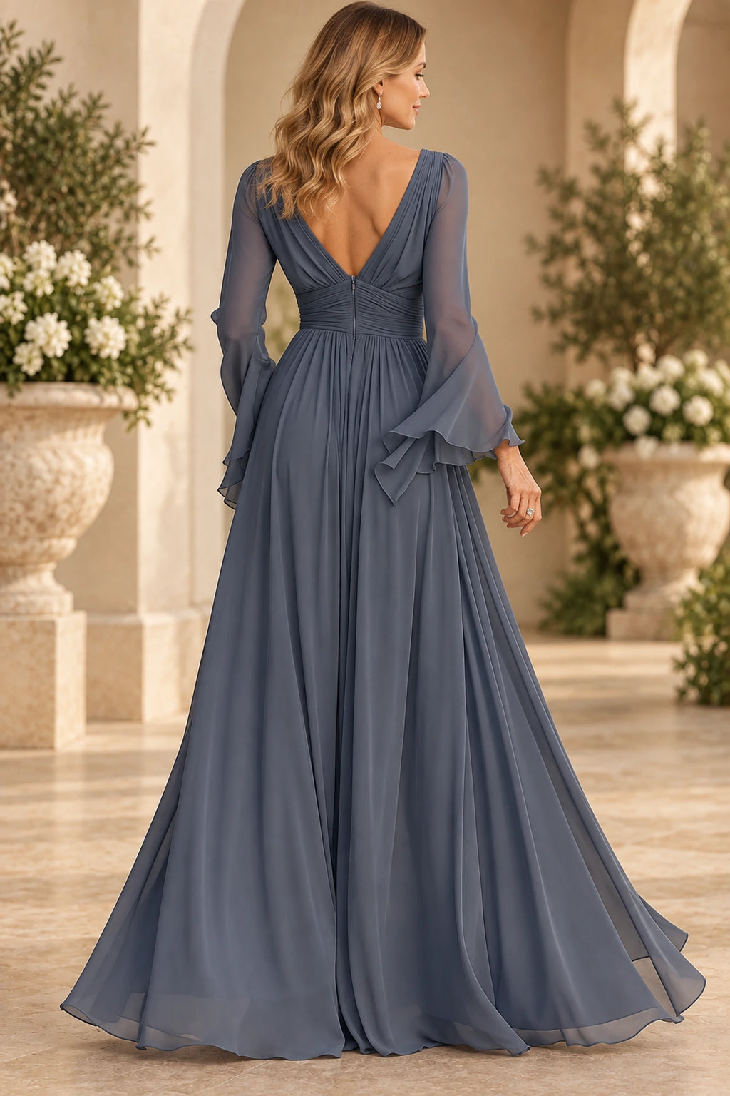 Slate blue long sleeve mother of the bride dress with flowing A line back design