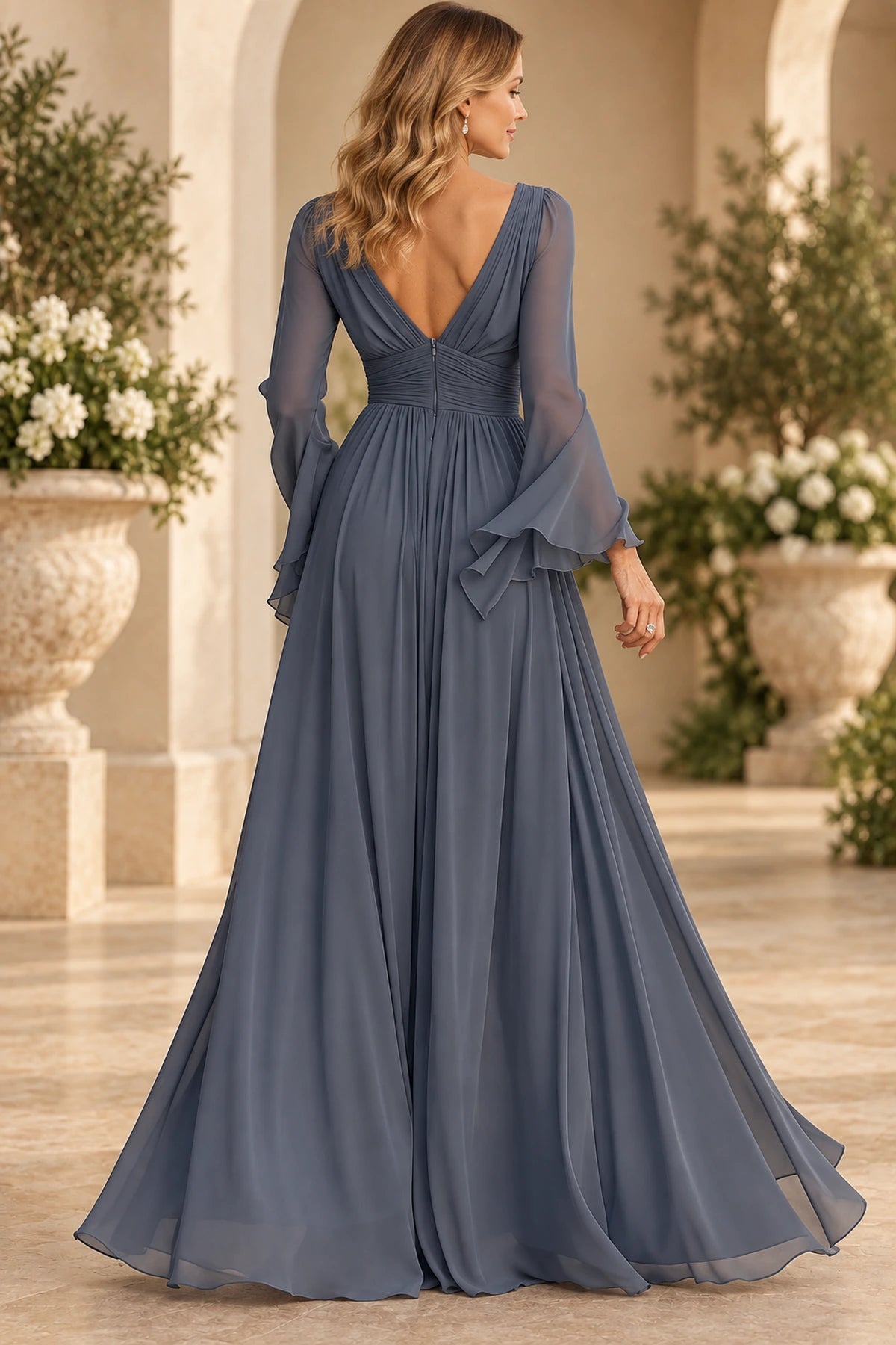 Slate blue long sleeve mother of the bride dress with flowing A line back design