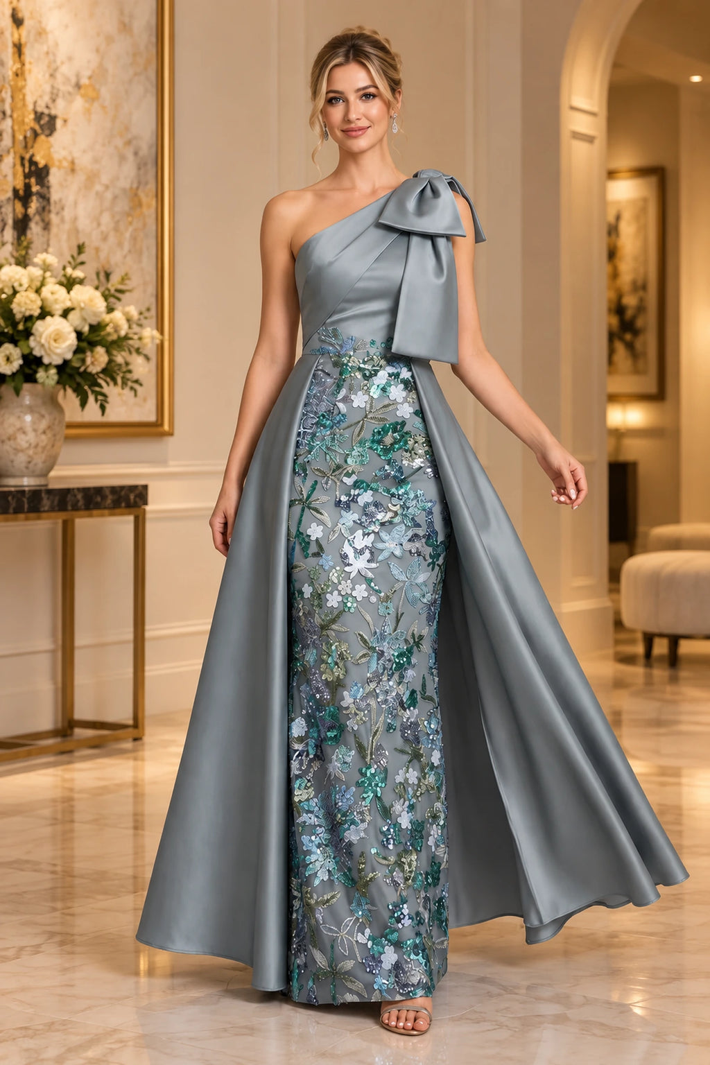 Slate gray one shoulder mother of the bride dress with bow detail floral embellished panel and long A-line skirt