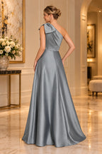 Slate gray mother of the bride dress with asymmetric one shoulder back and floor length A-line skirt