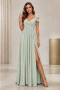 Soft sage A-line bridesmaid dress with V-neckline, off-shoulder straps, ruched bodice, thigh-high slit and floor-length skirt