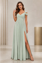 Soft sage A-line bridesmaid dress with V-neckline, off-shoulder straps, ruched bodice, thigh-high slit and floor-length skirt