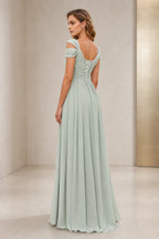 Graceful A-Line V-Neck Off-Shoulder Lace-Up Back Floor-Length Bridesmaid Dress