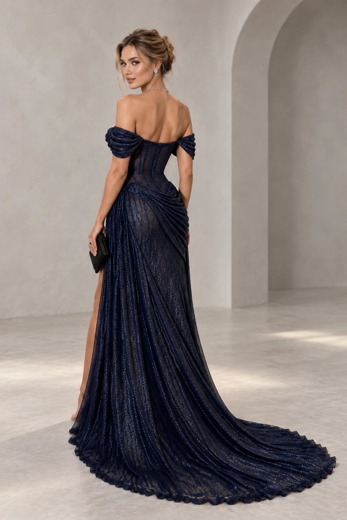 Graceprom glittering formal gown with off shoulder back, structured corset-style bodice, ruched skirt, and floor-length train, back view