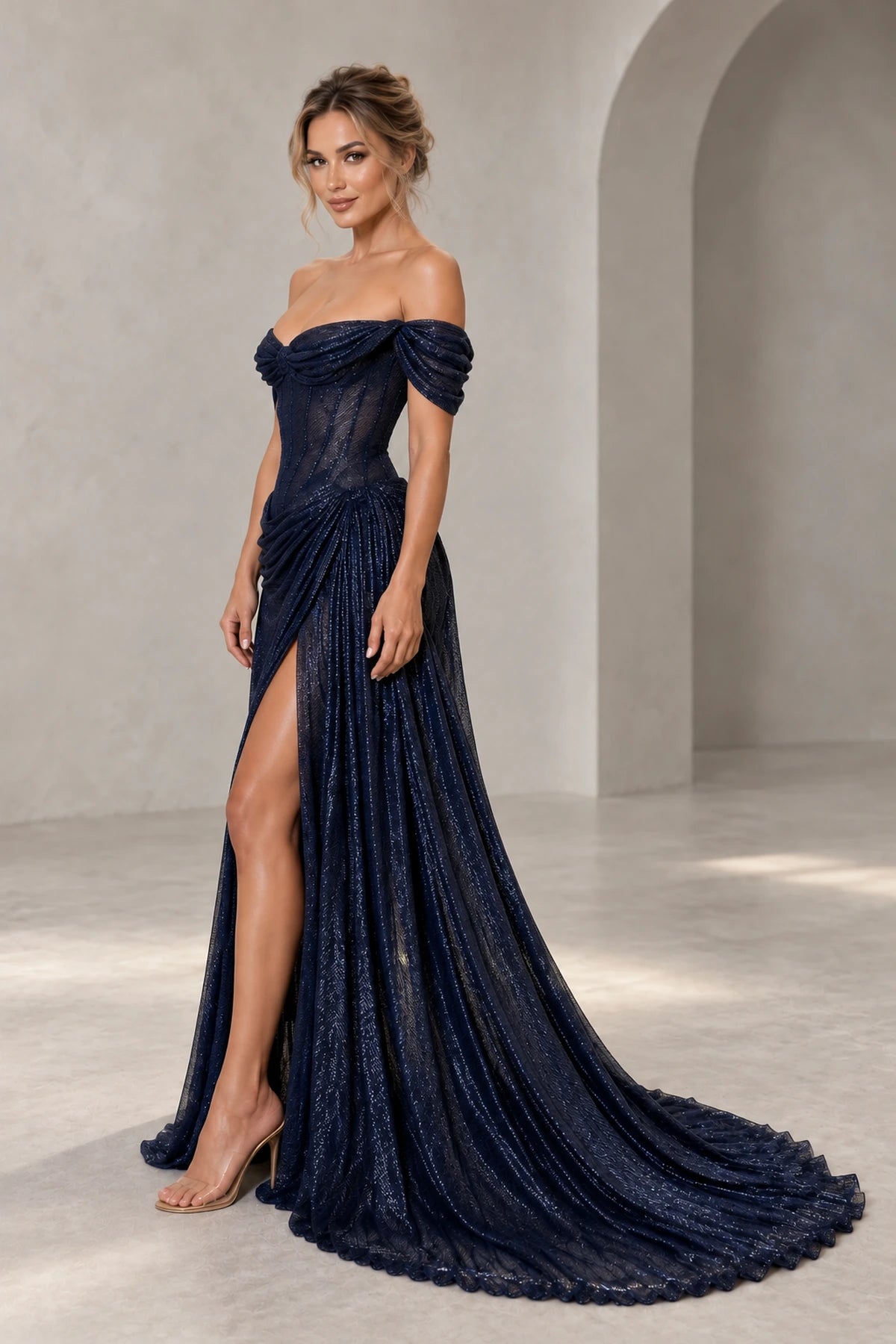Graceprom sparkling mermaid prom dress with off shoulder draped sleeves, ruched bodice, high slit, and sweeping train, front view