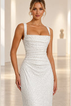 Elegant Column Square Neck Wide Strap Corset Back Floor Length Wedding Guest Dress