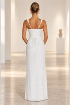 Corset lace up back detail of embellished formal wedding guest gown