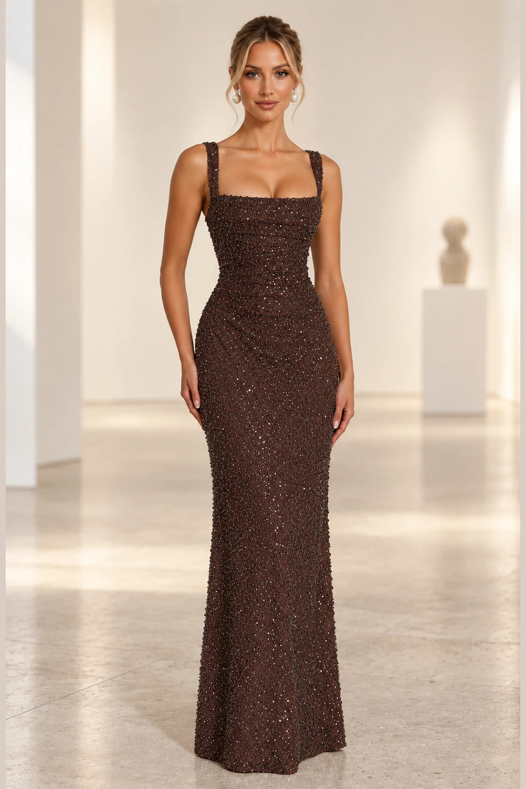 Elegant Column Square Neck Wide Strap Corset Back Floor Length Wedding Guest Dress
