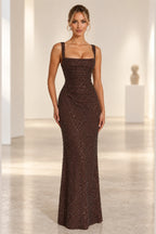 Elegant Column Square Neck Wide Strap Corset Back Floor Length Wedding Guest Dress