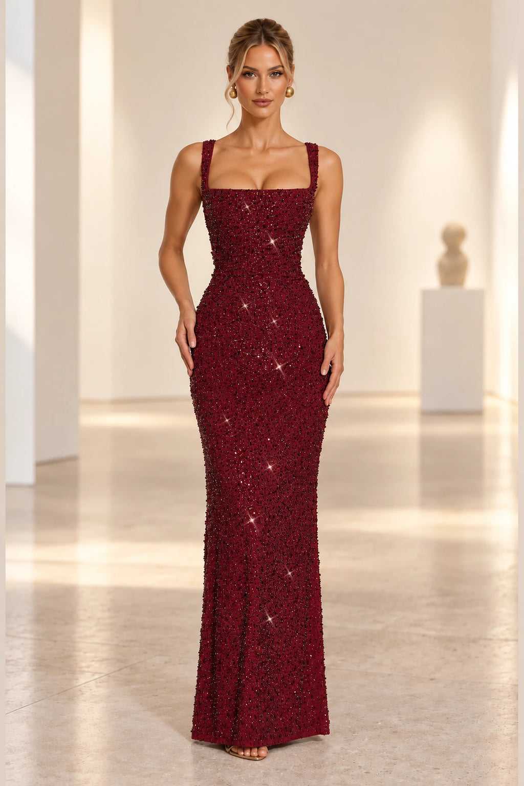 Elegant Column Square Neck Wide Strap Corset Back Floor Length Wedding Guest Dress