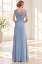 Steel blue floor-length Mother of the Bride Dress with pleated V-back and center zipper