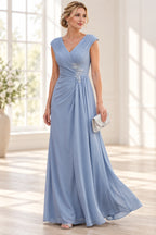Steel blue V-neck pleated Mother of the Bride Dress with decorative waist appliqué and floor-length skirt